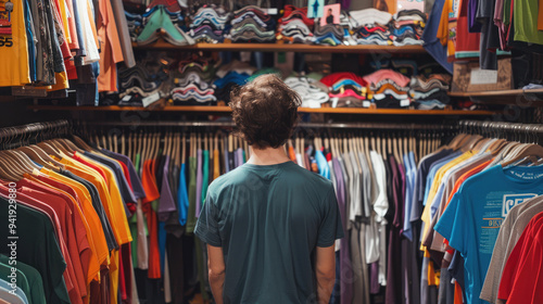 A person choosing second hand T-shirt in a second hand clothing store. photo