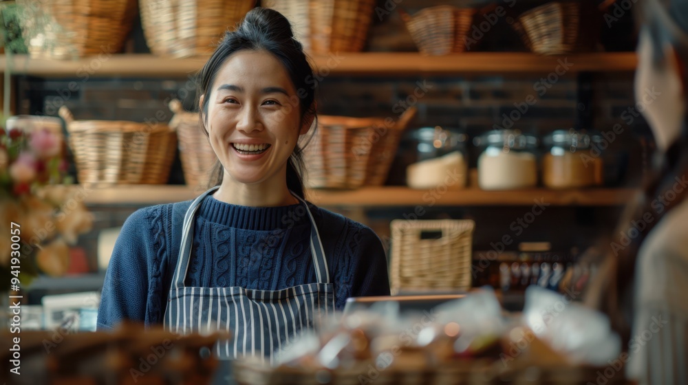The smiling shopkeeper at counter The smiling shopkeeper at counter