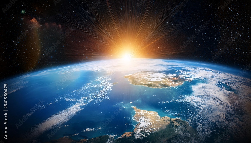 Earth from Space with Sun Shining Brightly. Earth from Space with Sun Shining Brightly.
