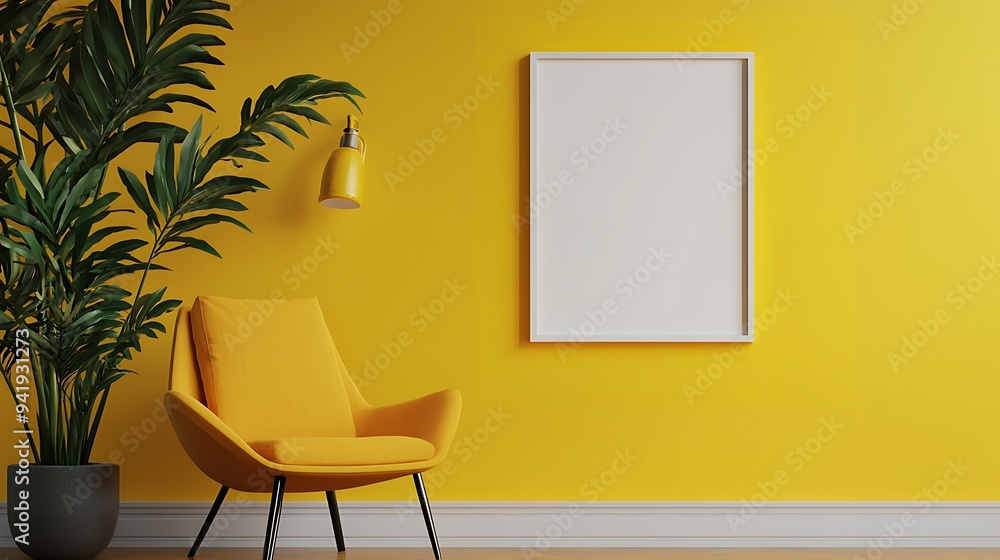 mockup frame on modern yellow room, 3D render style mockup frame on modern yellow room, 3D render style