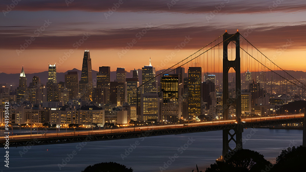 Obraz premium San Francisco Skyline with Oakland Bay Bridge at Sunset, Stunning California View.
