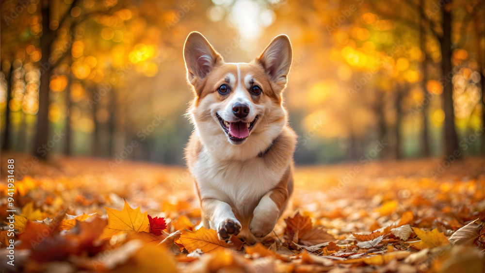 Happy corgi dog running in autumn forest with colorful leaves Happy corgi dog running in autumn forest with colorful leaves