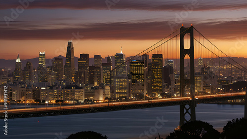 San Francisco Skyline with Oakland Bay Bridge at Sunset, Stunning California View.