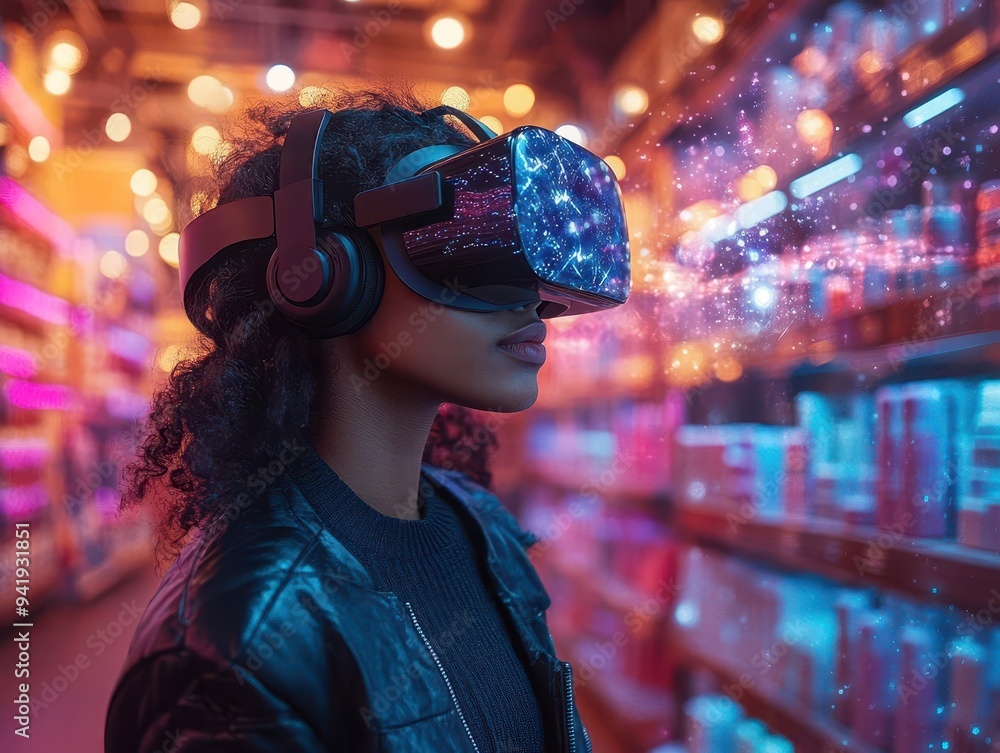 virtual reality shopping experience person in vr headset interacting with holographic products virtual reality shopping experience person in vr headset interacting with holographic products