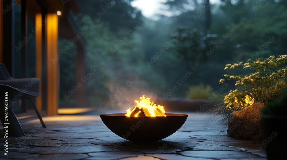 A fire pit is lit in a wooded area with a view of a house A fire pit is lit in a wooded area with a view of a house