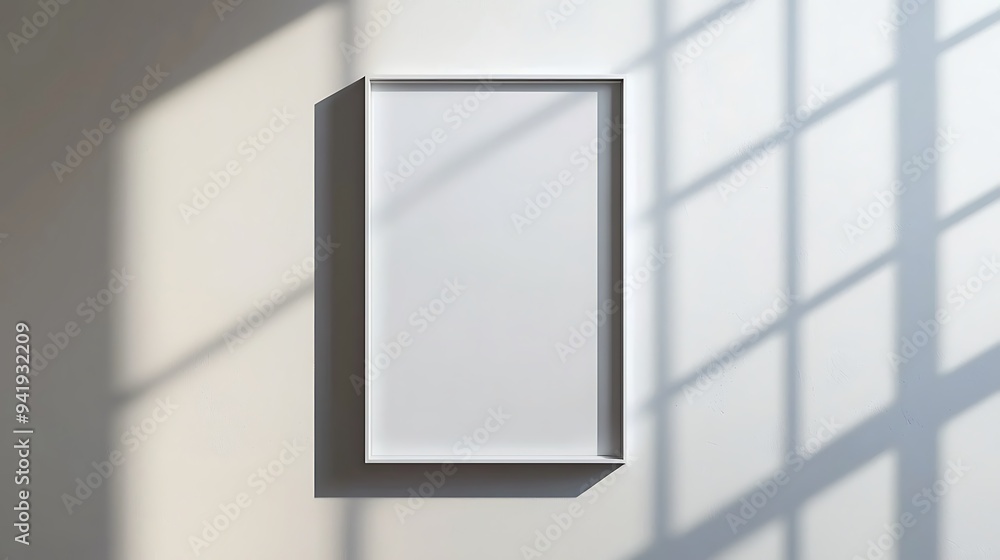 White rectangular vertical frame hanging on a white wall mockup White rectangular vertical frame hanging on a white wall mockup