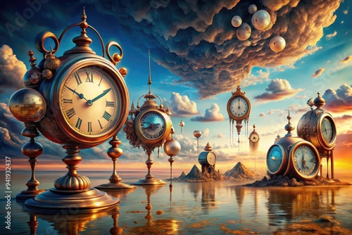 Surrealist Dream: Melting clocks, distorted objects, dreamlike imagery, illogical juxtapositions, subconscious exploration photo