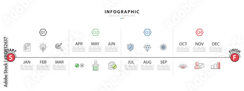 Timeline calendar infographic template. 12 Step timeline journey, Simple flat year plan infographics. Business concept with 12 options, diagram vector illustration.