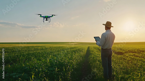 A farmer standing in a vast green field, using a tablet to monitor crop health, while a drone flies overhead capturing aerial images. 