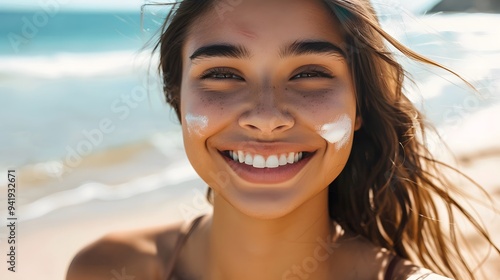 Beautiful woman smiling at the camera while standing on the beach