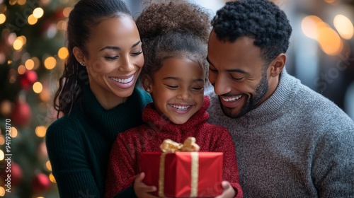 Parents beam at daughter with present.