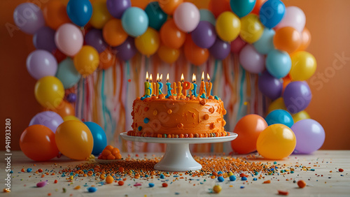 Vibrant Orange Birthday Cake and Balloons Against a Joyous, Colorfully Decorated Party Room