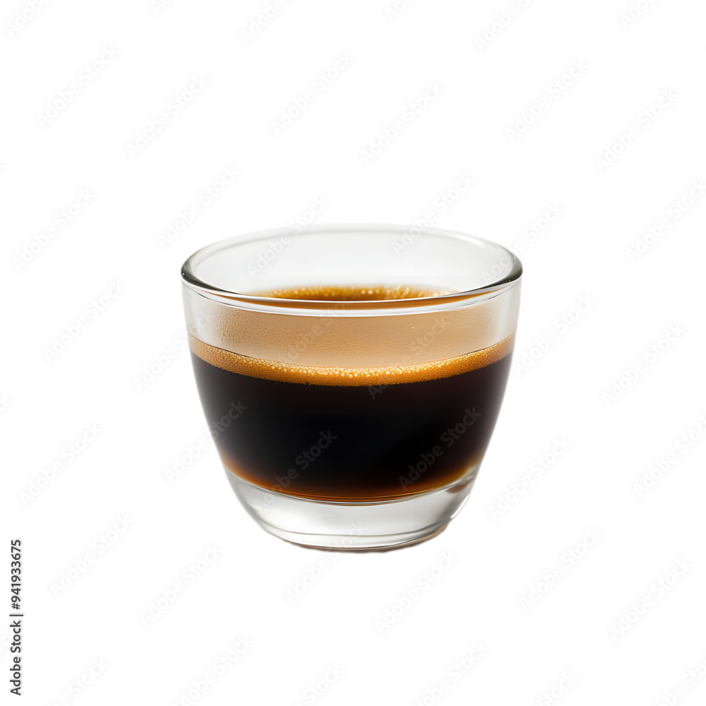 A single shot of espresso in a small clear cup, isolated on a white background A single shot of espresso in a small clear cup, isolated on a white background