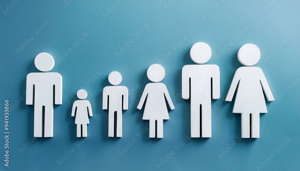 Cutout persons representing a large family composed of father, mother and children, brothers and sisters, isolated on blue background with copy space. Cutout persons representing a large family composed of father, mother and children, brothers and sisters, isolated on blue background with copy space.