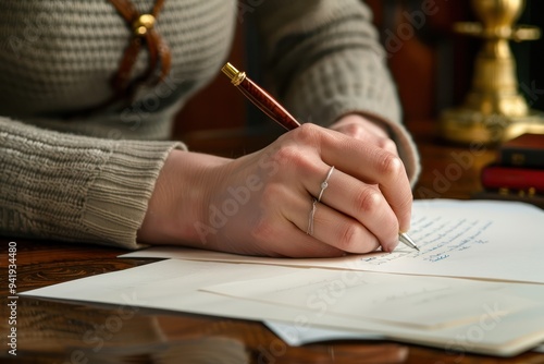 Closeup of a Woman's Hand Writing with a Pen on Paper