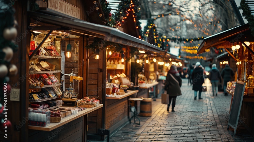 A Christmas market with stalls selling handmade crafts and hot drinks A Christmas market with stalls selling handmade crafts and hot drinks