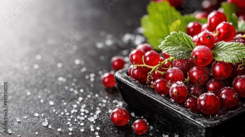 A vibrant, close-up overhead view of a bundle of fresh red currants covered with sugar crystals on a dark surface, with some currants and sugar scattered around.