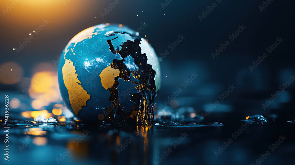 Close-up of a globe melting, symbolic of global warming and environmental issues under dramatic lighting. Close-up of a globe melting, symbolic of global warming and environmental issues under dramatic lighting.