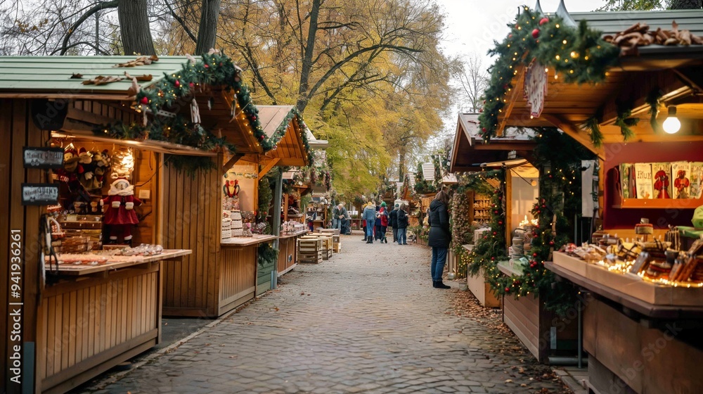 A Christmas market with stalls selling handmade crafts