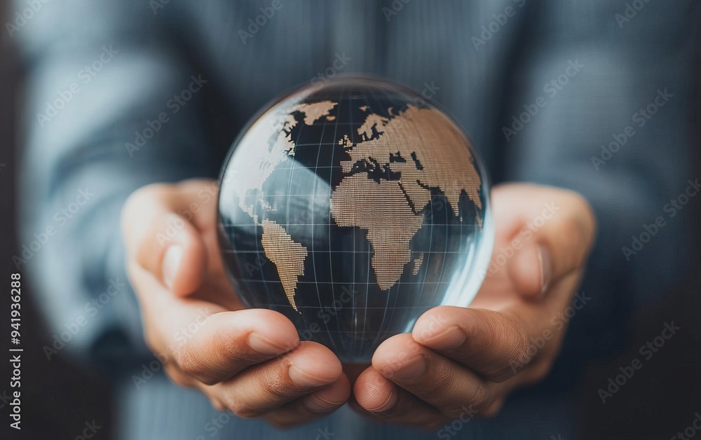 Close-up of hands holding a small globe showcasing continents, symbolizing global connectivity, unity, and environmental awareness. Close-up of hands holding a small globe showcasing continents, symbolizing global connectivity, unity, and environmental awareness.