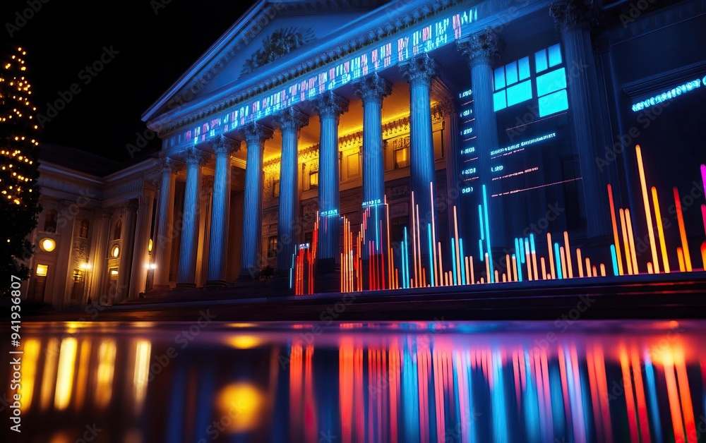 A vibrant night scene featuring a historical building illuminated with colorful lights, reflecting on the water's surface. A vibrant night scene featuring a historical building illuminated with colorful lights, reflecting on the water's surface.