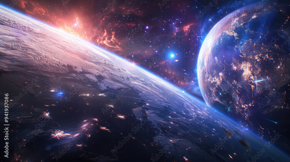 Obraz premium enigmatic, vibrant, colorful and contrasting, bright highlights, scene: first contact with an alien civilization