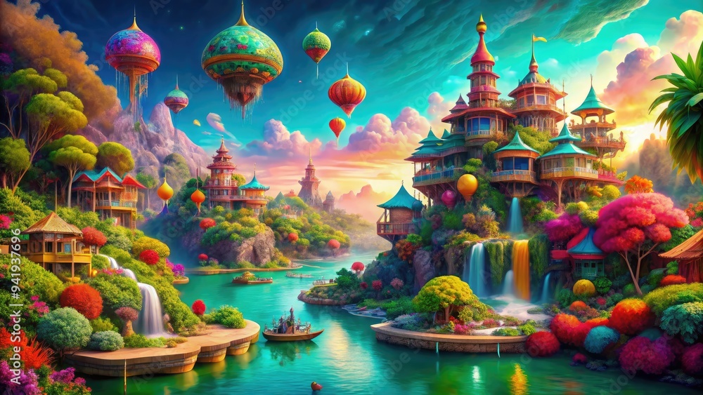 Surreal Paradise: Blending of reality and fantasy, vibrant colors, unusual perspectives, imaginative Surreal Paradise: Blending of reality and fantasy, vibrant colors, unusual perspectives, imaginative