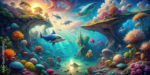 Surreal Ocean Dreamscape: Underwater world rendered in dreamlike colors, distorted perspectives, and whimsical creatures. photo