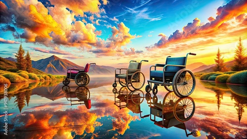 Surreal Reflection: Distorted, dreamlike wheelchairs, melting into surreal landscapes, vibrant, contrasting colors photo