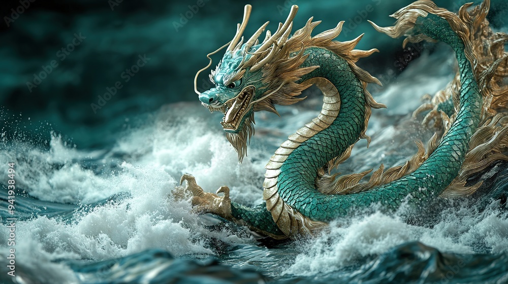 Fototapeta premium Chinese green and gold wooden texture dragon statue banner on the waves. Asian culture symbol of 2024 new year concept.