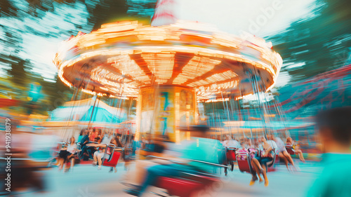 Blurry scenes of people enjoying a fast-moving carousel ride at an amusement park with bright lights and motion blur