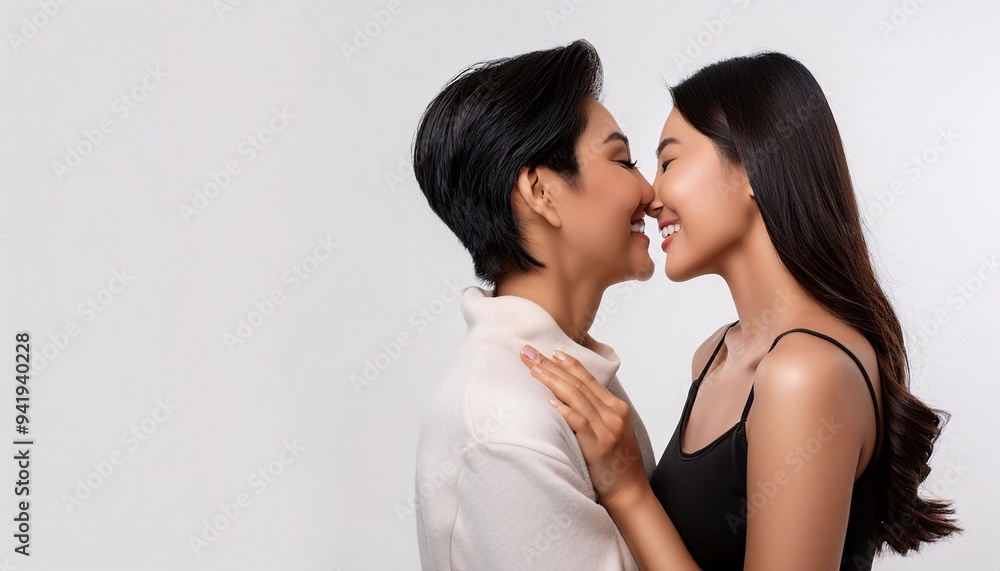 Portrait of a couple. Female couple kissing smiling. Portrait of a couple. Female couple kissing smiling.