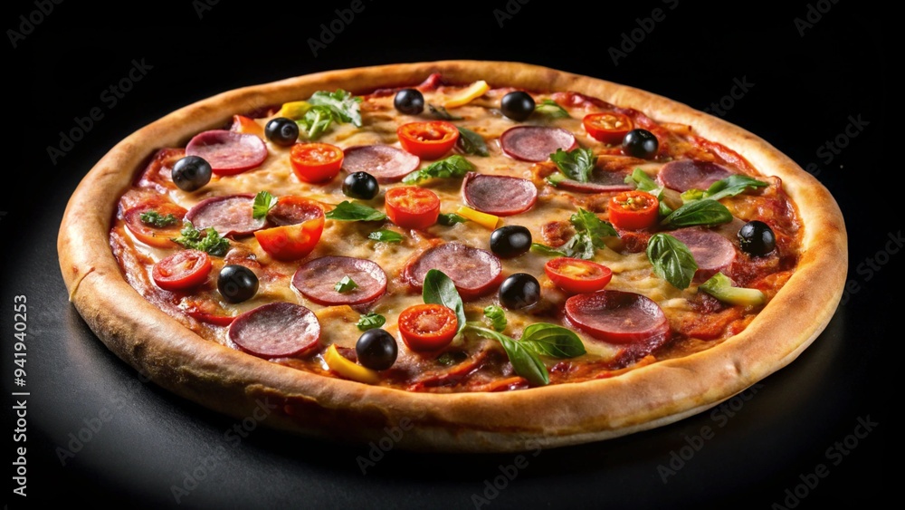 Tasty pizza with fresh ingredients on a black background Tasty pizza with fresh ingredients on a black background