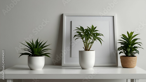 White Table with Empty Photo Frame and Green Plant in Pot, Modern Interior with Poster Display