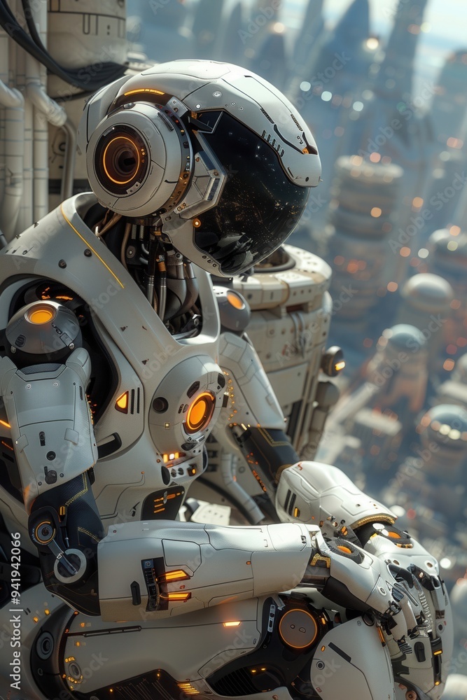 Futuristic robot sitting on a ledge overlooking a sprawling cityscape. Advanced technology, cybernetic marvel, and urban innovation. Futuristic robot sitting on a ledge overlooking a sprawling cityscape. Advanced technology, cybernetic marvel, and urban innovation.