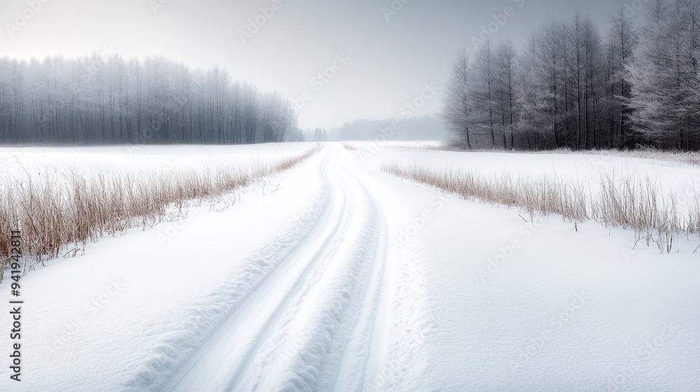 A serene snow-covered trail stretches into the distance, flanked by frost-laden trees and snow-covered bushes, capturing the essence of a tranquil winter landscape. A serene snow-covered trail stretches into the distance, flanked by frost-laden trees and snow-covered bushes, capturing the essence of a tranquil winter landscape.