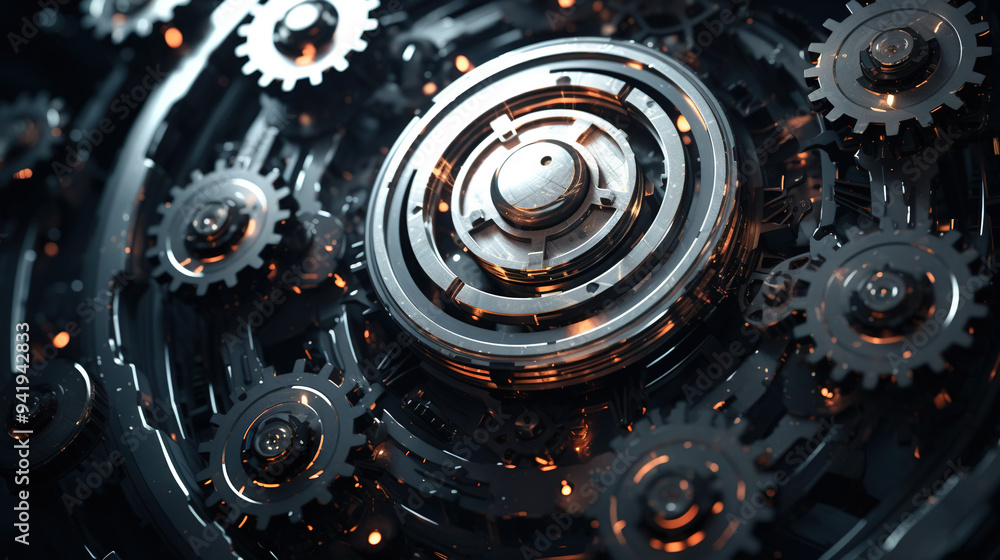 Technology or industrial background with abstract metallic gears in mechanism Technology or industrial background with abstract metallic gears in mechanism
