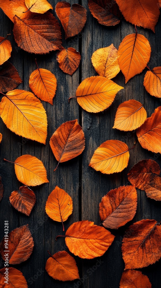 Scattered orange autumn leaves on a dark wooden surface
Scattered orange autumn leaves on a dark wooden surface