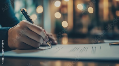 Wallpaper Mural A hand writing on a sheet of paper with blurred lights in the background. Torontodigital.ca