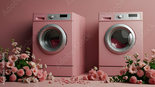 Pink washing machines surrounded by flowers, clean laundry with natural scents.. photo