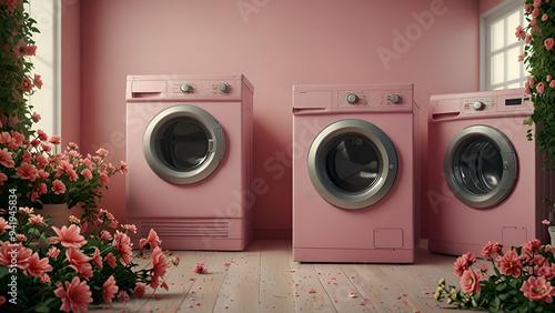 Pink washing machines surrounded by flowers, clean laundry with natural scents.. photo