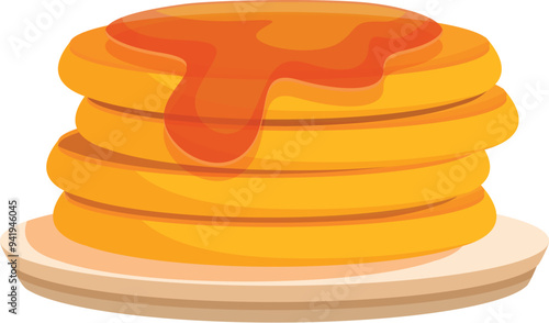Stack of golden brown pancakes is sitting on a plate, drenched in sweet syrup