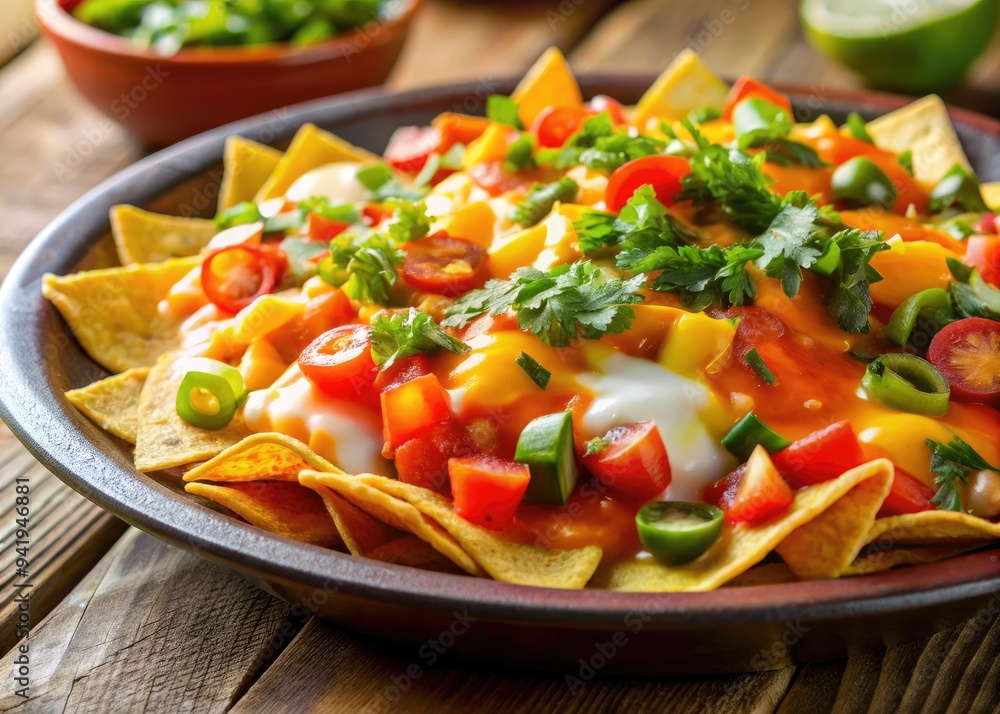 Tex-Mex Twist: Fusion of Mexican and American flavors, bold and bright orange and yellow hues, melted cheese, zesty salsa, casual dining atmosphere.