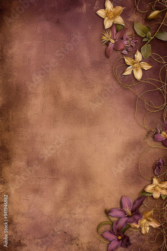 Vertical nature grunge background with blank space for text, backdrop with flowers and copyspace, top view, brown tones