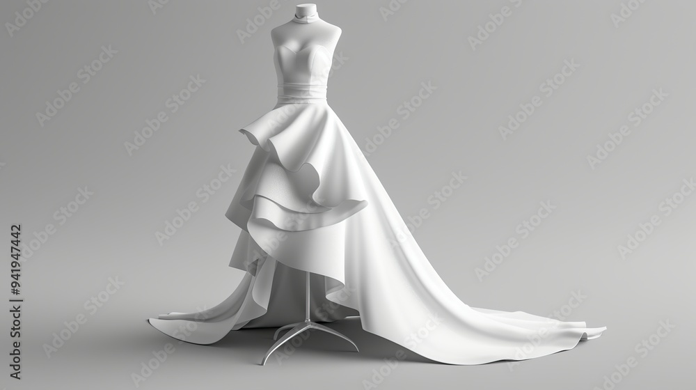 White wedding dress with ruffles on a mannequin. White wedding dress with ruffles on a mannequin.
