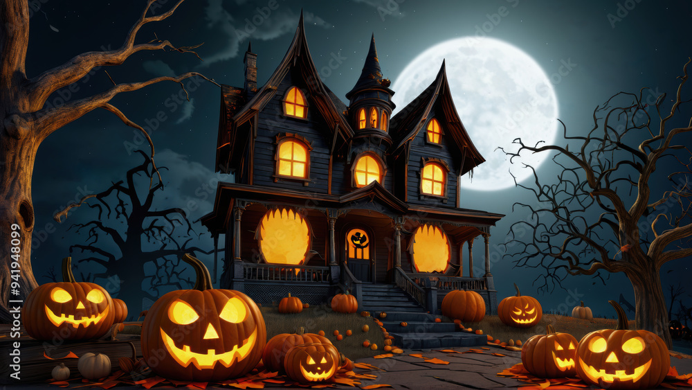 Haunted house with glowing windows and Jack-o-lantern pumpkins at night Haunted house with glowing windows and Jack-o-lantern pumpkins at night