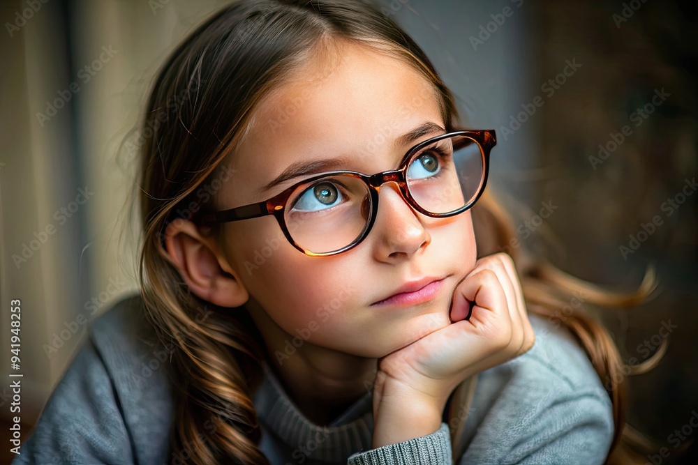 Thoughtful Preteen with Tortoiseshell Oval Eyeglasses: Introspective reflection, pensive look, warm tortoiseshell frames with oval shape Thoughtful Preteen with Tortoiseshell Oval Eyeglasses: Introspective reflection, pensive look, warm tortoiseshell frames with oval shape