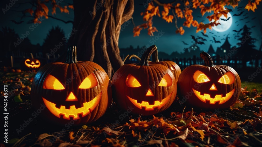 Fototapeta premium Halloween jack-o-lantern pumpkins glowing under a full moon in a dark forest