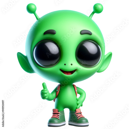 3D Friendly Alien A small, green alien with big eyes ON transparent BACKGROUND