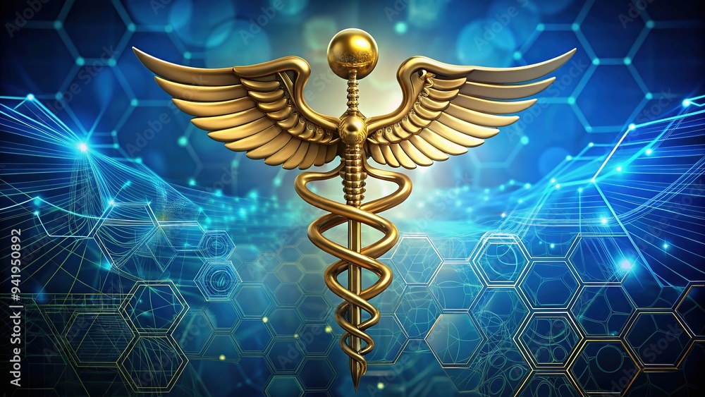 Golden caduceus symbol on a blue background, surrounded by subtle medical patterns, representing healthcare, medicine, and wellness, conveying trust and professionalism. Golden caduceus symbol on a blue background, surrounded by subtle medical patterns, representing healthcare, medicine, and wellness, conveying trust and professionalism.